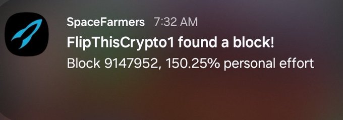 A notification from SpaceFarmers at 7:32 AM announces "FlipThisCrypto1 found a block!" for Block 9147952 with 150.25% personal effort.