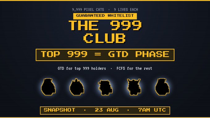 A pixel-art style promotional graphic announces "THE 999 CLUB," featuring the text "9,999 PIXEL CATS · 9 LIVES EACH" and "GUARANTEED WHITELIST," with silhouettes of five pixelated cats displayed below. The image details the whitelist rules, stating "TOP 999 = GTD PHASE," with a snapshot scheduled for "23 AUG · 7AM UTC," directly illustrating the post's introduction of the exclusive NFT holder group.