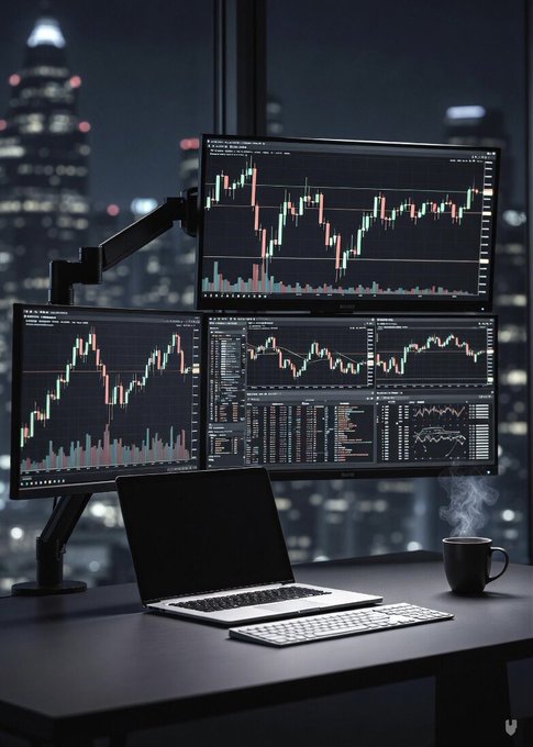 A dark trading setup featuring multiple monitors displaying financial candlestick charts, with a laptop, keyboard, and steaming coffee mug on a desk overlooking a city skyline at night.