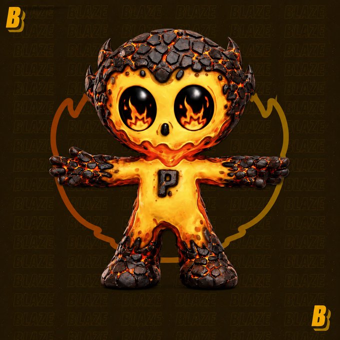 A digital artwork of a fiery, lava-textured character with flame-filled eyes and a 'P' on its chest, set against a dark background with 'BLAZE' watermarks and a 'B' logo.