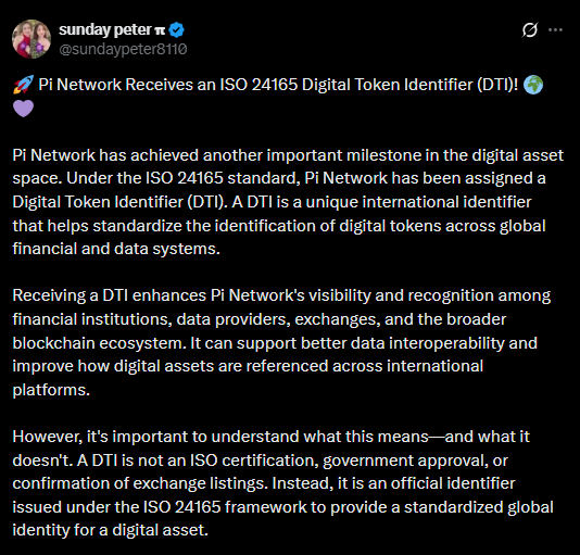 A tweet by 'sunday peter' (@sundaypeter8110) announcing that Pi Network has received an ISO 24165 Digital Token Identifier (DTI).