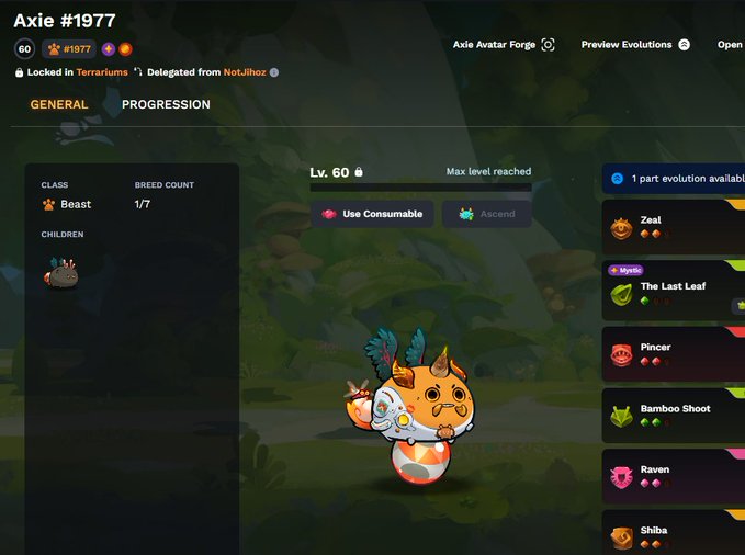 A screenshot from the game Axie Infinity showing an Axie #1977 character at level 60, classified as a Beast with 1/7 breed count, and displaying its parts including Zeal, The Last Leaf, Pincer, Bamboo Shoot, Raven, and Shiba.