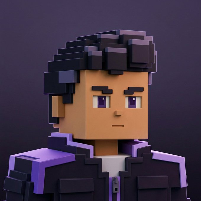 A blocky, 3D voxel-style portrait of a character with dark hair, purple eyes, and a purple-accented jacket against a purple background appears as a stylized digital avatar or game character representation.