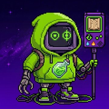 A pixel art image of a character in a green hoodie with a digital face, holding a purple meter device with a green crystal on its chest against a starry purple background.