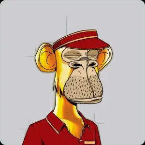 A cartoon illustration of a Bored Ape-style monkey wearing a red cap and red polo shirt, with a serious facial expression.