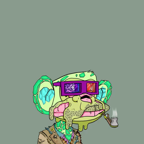 An illustration of a green, melting, zombie-like character wearing large purple-framed glasses with multiple lenses, smoking a pipe, set against a sage green background.