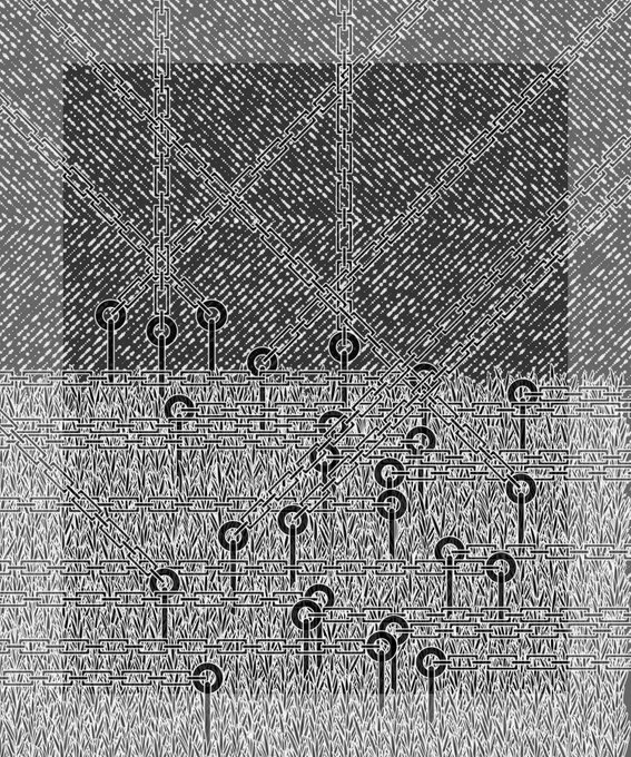 The image features a black and white illustration of a field with numerous small circles scattered throughout, creating an abstract pattern. The circles are connected by lines, forming a complex network that resembles a spider web or a grid-like structure. The image is accompanied by text in the caption "objkt.com/tokens/KT1DUzA gn #tezosart #nft #generative".