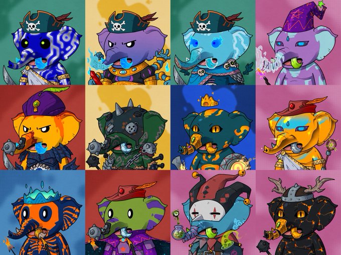 A grid of twelve colorful cartoon elephant-like characters, each wearing different hats and outfits including pirate hats, wizard hats, and crowns, in various bold color schemes.
