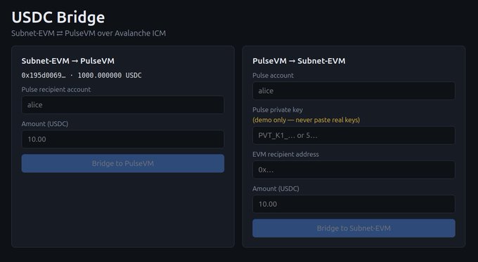 A dark-themed web interface for a 'USDC Bridge' that allows transferring USDC between Subnet-EVM and PulseVM over Avalanche ICM, showing input fields for accounts, addresses, and amounts of 10.00 USDC.