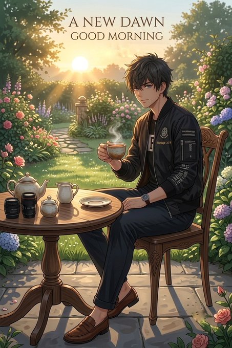 An anime-style illustration of a young man with dark hair sitting at a round wooden table in a garden, drinking tea at sunrise, with the text 'A NEW DAWN GOOD MORNING' at the top.