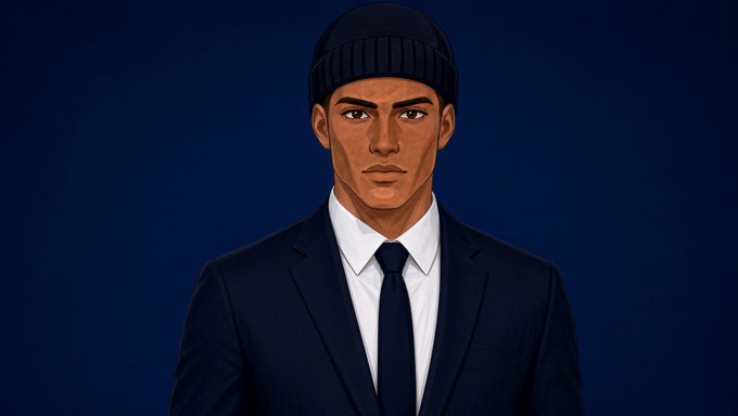 A digital illustration of a man wearing a black beanie, white dress shirt, black tie, and dark suit jacket against a dark blue background.
