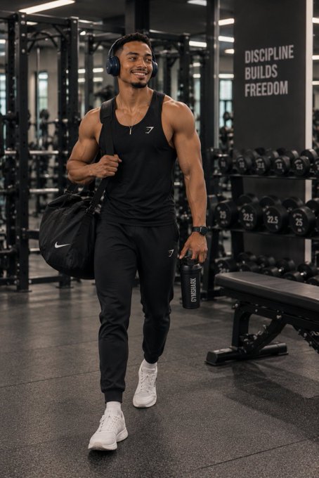 A smiling muscular man in a black Gymshark tank top walks through a gym carrying a Nike duffel bag and water bottle, with a wall reading 'DISCIPLINE BUILDS FREEDOM'.