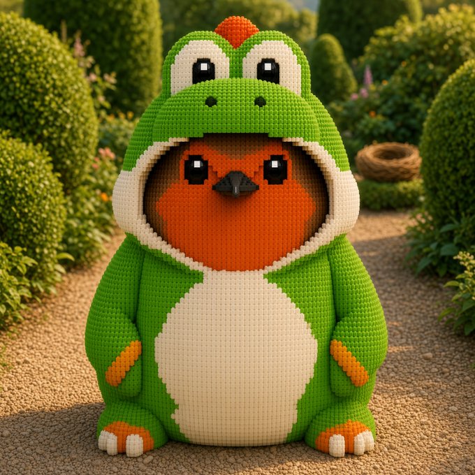 A 3D-rendered crocheted or knitted figure resembling a green dinosaur costume with a red bird-like face peeking out from the hood, sitting on a gravel path in a garden setting.