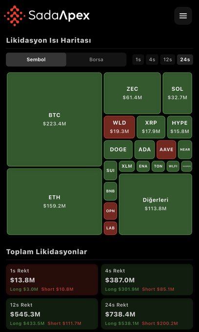 The screen shows a screenshot of a Bitcoin chart, which is divided into squares for each cryptocurrency listed. The largest square represents Bitcoin with a value of $223 million. Another large square contains ETH, valued at $159 million, and ZEC sits in a smaller square with a lower price of $61. This image helps to show the fluctuations and differences between these digital coins as they relate to the post on Saddap apex's website.