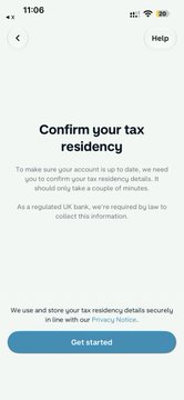A mobile app screen titled "Confirm your tax residency" from a UK-regulated bank, asking users to update residency details in compliance with regulations, with a "Get started" button.