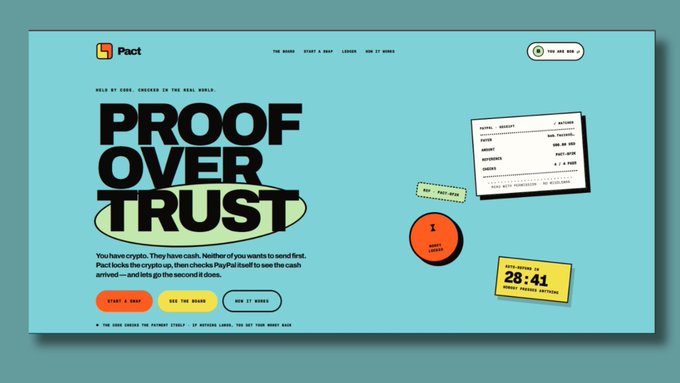 Screenshot of the Pact website homepage featuring the slogan 'PROOF OVER TRUST' and an 'App now in' countdown timer showing 28:41.