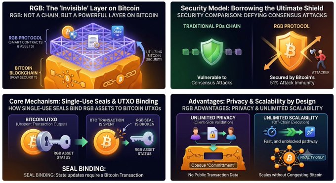 A four-panel infographic explaining RGB Protocol, titled 'RGB: The Invisible Layer on Bitcoin,' with sections on its security model, core mechanism using Single-Use Seals & UTXO Binding, and advantages of privacy and scalability.