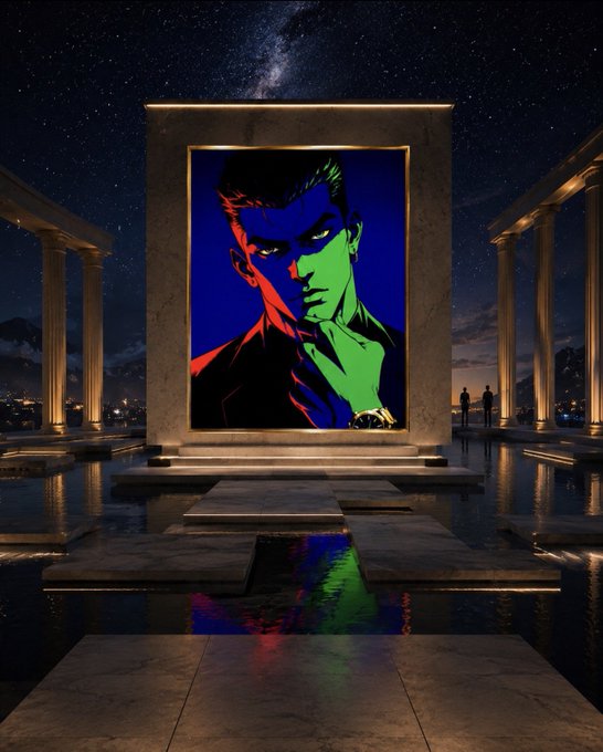 A towering illuminated portrait of a striking figure rendered in vibrant blue, red, and green stands as a monumental tribute between classical columns under a starlit sky, its colors reflecting on the water below. The grand, glowing display visually honors the post's call to celebrate someone who brightened the Web3 community, framing them as a larger-than-life figure deserving of recognition and gratitude.