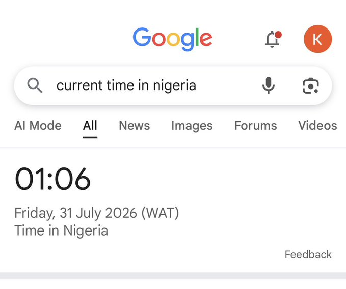 A Google search results page displaying "current time in Nigeria" with the time shown as 01:06 on Friday, 31 July 2026 (WAT), emphasizing that it is the middle of the night in Nigeria, which ties into the post's request for MoonPay to add a crypto faucet for users in the United States instead.