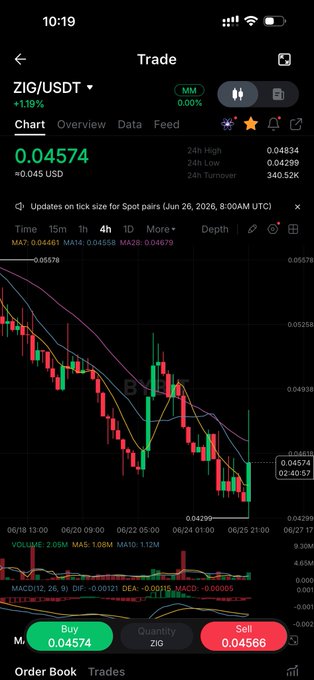 The image shows a Bybit TradingView chart for ZIG/USDT, displaying a 4-hour candlestick pattern with a recent massive green recovery candle bouncing off the 0.04299 low, corroborating the post's claim of whale accumulation and liquidity grab at the bottom of the downtrend.