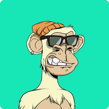 A cartoon NFT-style illustration of a monkey character wearing sunglasses and an orange beanie against a green background.