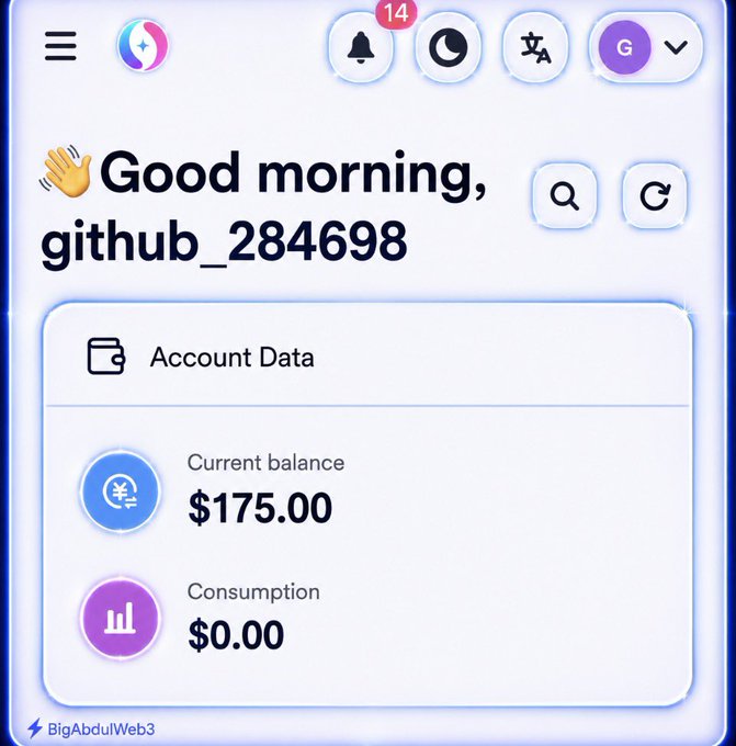 A mobile app dashboard greeting 'Good morning, github_284698' with an Account Data section showing a current balance of $175.00 and consumption of $0.00.