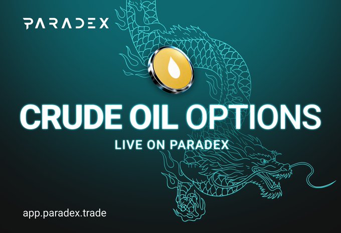 An advertisement for 'CRUDE OIL OPTIONS LIVE ON PARADEX' featuring a gold oil droplet coin and a stylized dragon illustration on a teal background, with 'app.paradex.trade' shown in the corner.
