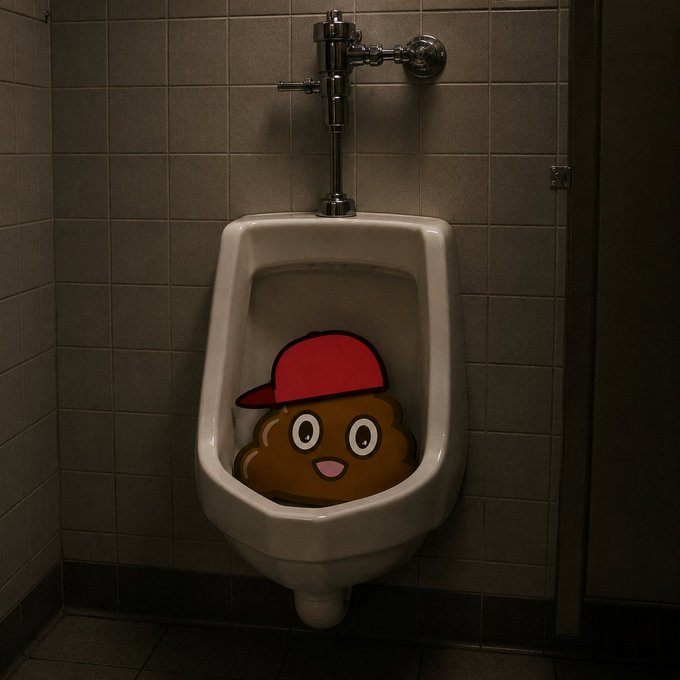 A cartoonish pile of poop wearing a red cap sits inside a white urinal in a dimly lit bathroom stall, matching the meme-style "Poop wif hat" theme referenced in the post as a Solana token ($Poopwifhat).