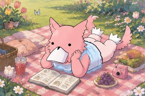 An illustration shows a cute pink character lying on a picnic blanket reading a book, surrounded by flowers, fruits, a camera, and a drink.