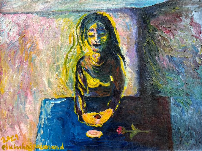 An expressionist oil painting of a woman seated in yellow and dark tones against a swirling multicolored background, holding an object, with a small pink rose nearby and yellow text at the bottom left.