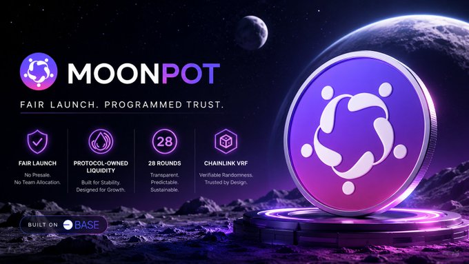 A promotional graphic for "MOONPOT" featuring its tagline "FAIR LAUNCH. PROGRAMMED TRUST." set against a cosmic backdrop with a large purple coin and planet, highlighting key features: Fair Launch (No Presale, No Team Allocation), Protocol-Owned Liquidity (Built for Stability, Designed for Growth), 28 Rounds (Transparent, Predictable, Sustainable), and Chainlink VRF (Verifiable Randomness, Trusted by Design), with "BUILT ON BASE" noted at the bottom—visually reinforcing the post's message about replacing human trust with automated, protocol-enforced rules.