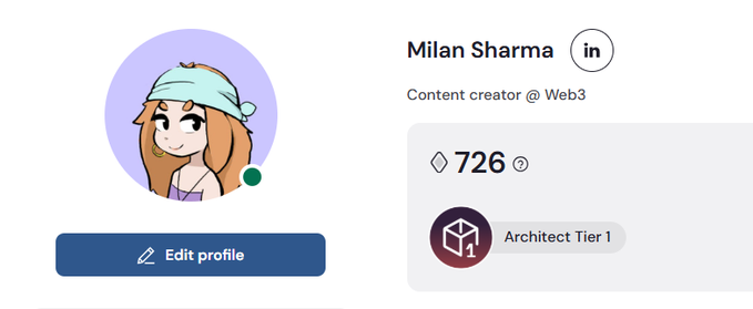 A profile card for Milan Sharma, a Content creator @ Web3, showing 726 points, an 'Architect Tier 1' badge, and an avatar of a cartoon character with a green bandana, alongside an 'Edit profile' button.