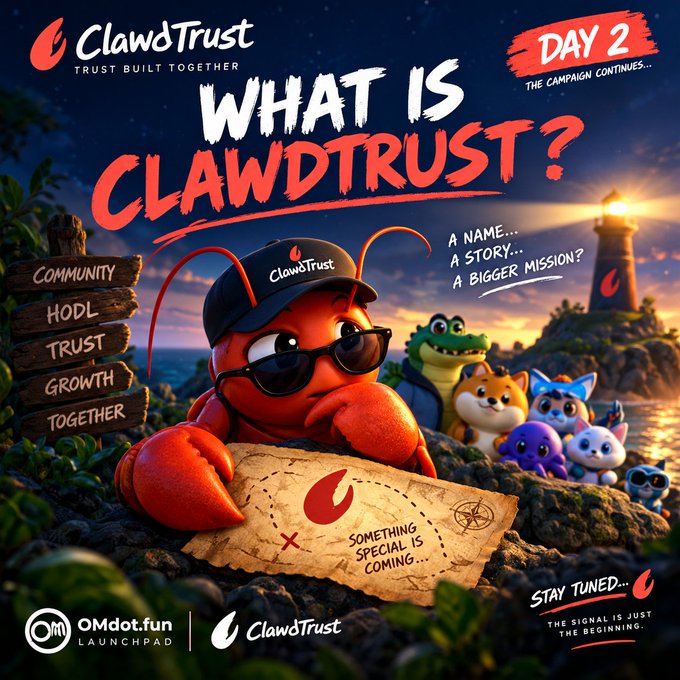 A promotional graphic for 'ClawdTrust' (Trust Built Together) titled 'What is ClawdTrust?' with 'Day 2 - The Campaign Continues...', featuring a cartoon lobster mascot with sunglasses, a treasure map saying 'Something special is coming...', and other characters near a lighthouse, with the OMdot.fun Launchpad logo at the bottom.