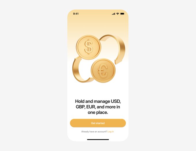 A mobile app onboarding screen featuring 3D gold coins with dollar and euro symbols, with text 'Hold and manage USD, GBP, EUR, and more in one place' and a 'Get started' button.