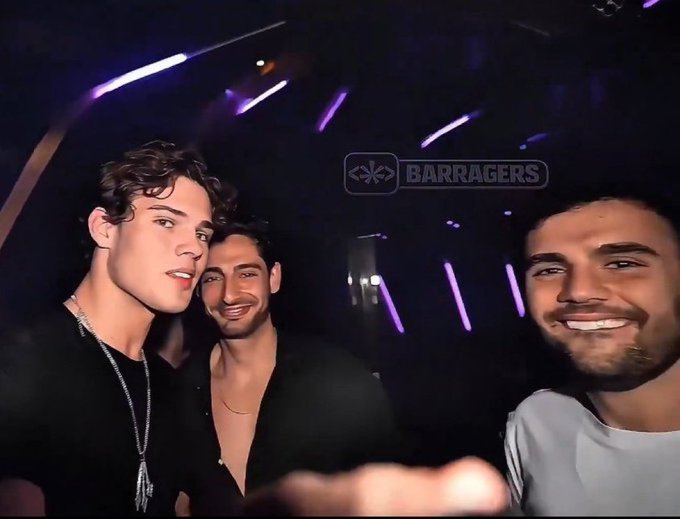 Three young men take a selfie at a nightclub lit with purple neon lights, with a "BARRAGERS" watermark visible. The image contrasts with the post's skeptical tone about $POLY, as it shows the social nightlife aspect often tied to crypto community culture.