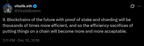 The image depicts a post by Vitalik buterin where he makes an appeal about blockchain technologies. The main focus is on the concept of Proof of Stake, which has become crucial for modern blockchains like Ethereum. He highlights that these technologies can handle a high number of times more efficient than putting things onto chains and will indeed make the efficiency even better and sacrifices of transactions more acceptable. This appeals to the viewers' interest in blockchain and helps them understand Vitalik's perspective on the importance of this technology in today's digital world.