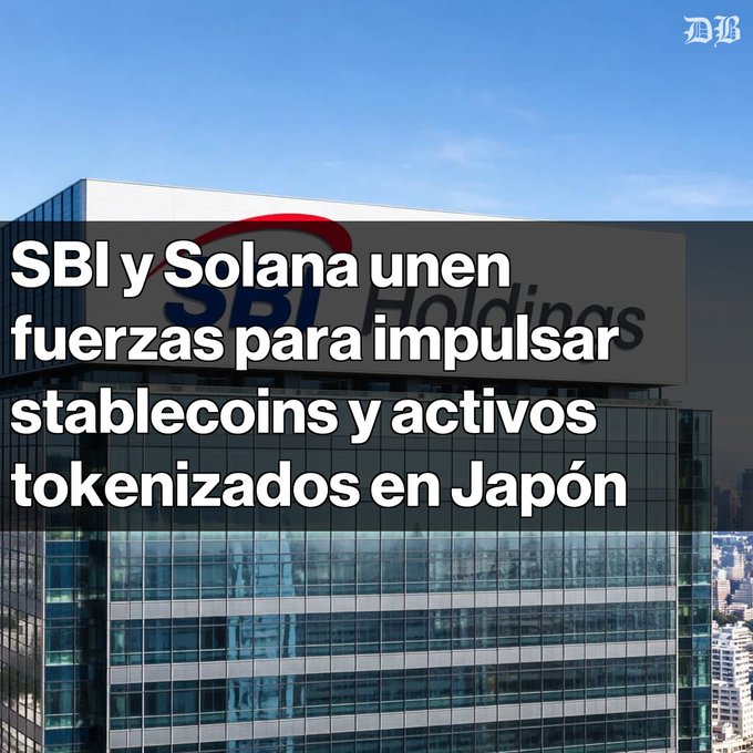 A news graphic showing the SBI Holdings building with Spanish text reading "SBI y Solana unen fuerzas para impulsar stablecoins y activos tokenizados en Japón."