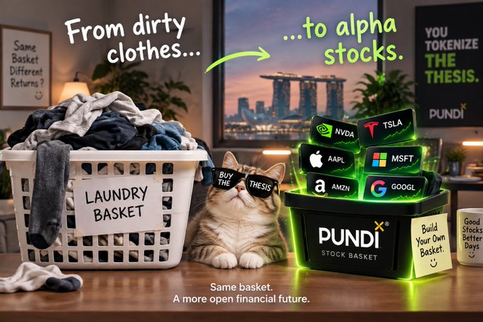 An advertisement for 'PUNDI X STOCK BASKET' showing a laundry basket of dirty clothes transforming into a basket of tech stocks (NVDA, TSLA, AAPL, MSFT, AMZN, GOOGL) with a cat in the middle and the tagline 'Same basket. A more open financial future.'