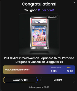 A congratulations screen showing a won 'C-tier' PSA 9 Mint 2024 Pokemon Japanese SV7a-Paradise Dragona #089 Alolan Exeggutor Ex trading card NFT, with a 90% community offer price of $36.