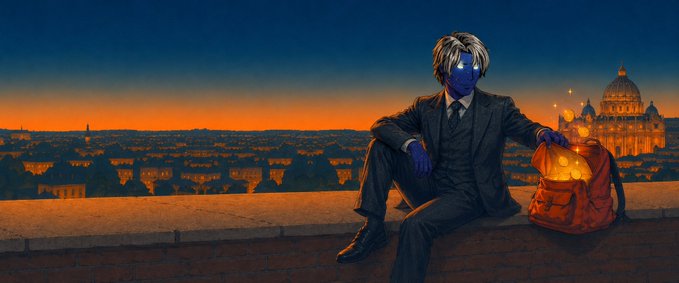An illustration of a blue-skinned figure in a dark suit sitting on a ledge at sunset overlooking Rome with St. Peter's Basilica visible in the background, holding a glowing bag.