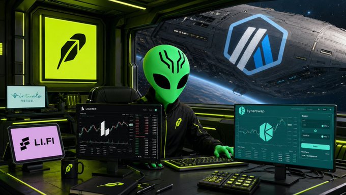 An alien-themed crypto setup features multiple monitors displaying trading interfaces for "Li.Fi," "CyberSwap," and "LIGHTER," alongside a "Virtually Protocol" sign and logos resembling Phantom wallet and Arbitrum, with a large spaceship visible through the window. The image visually reinforces the post's theme of early ecosystem connections and emerging projects, paralleling $VEX's prior trajectory with the current rise of $BLEP.