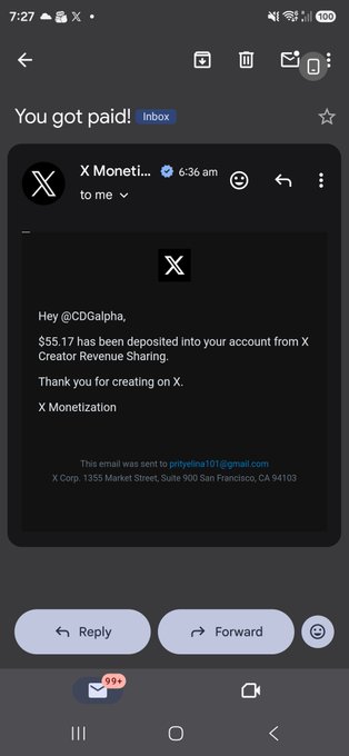 The image shows a phone screen displaying an email message from someone named X Monet, which appears to be a message about a transaction or payment. The text of the email reads "You got paid! Here's your deposit into your account from X Monet". The email also includes a link that directs the recipient to a website for further instructions on how to proceed with the transaction.