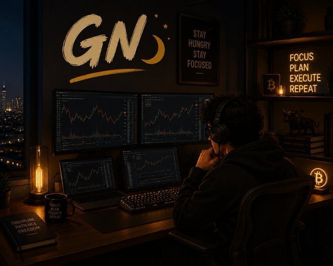 A trader wearing headphones works at a desk with multiple monitors showing stock/crypto charts; the scene features neon signs reading 'GN', 'STAY HUNGRY STAY FOCUSED', 'FOCUS PLAN EXECUTE REPEAT', and Bitcoin symbols.