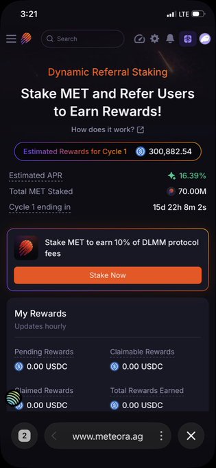 A mobile screenshot of the Meteora staking interface showing the "Dynamic Referral Staking" page with 300,882.54 estimated rewards for Cycle 1, a 16.39% APR, and 70.00M MET total staked, alongside a "Stake Now" button for earning 10% of DLMM protocol fees.