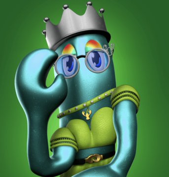 A 3D-rendered teal octopus character wearing a silver crown, round sunglasses, and a beaded necklace flexes its tentacles against a green background.
