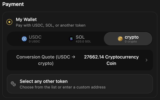 A cryptocurrency payment screen showing wallet options for USDC, SOL (with 420.0 SOL balance), and crypto, with a conversion quote of 27662.14 Cryptocurrency Coin for USDC.