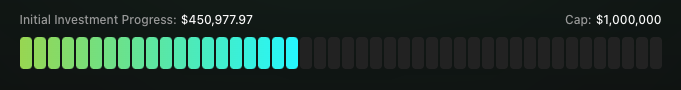 A progress bar showing "Initial Investment Progress: $450,977.97" out of a $1,000,000 cap, filled approximately 45% with a green-to-teal gradient, likely tracking funding toward the $1M goal for the vaults.pear.garden platform.
