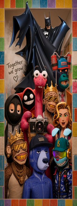 A colorful collection of stylized figurines including Batman, BAPE-style characters, a gorilla with a camera, monkeys with crowns, and other pop-culture figures, with handwritten text 'Together we grow ♡'.