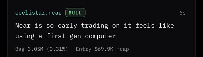 A social media post by user cryptorionaire compares trading $NEAR to "using a first gen computer," noting the asset's early stage with a 79.9K market cap displayed in the post.