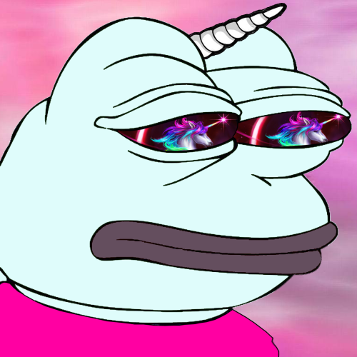 Cartoon illustration of a white unicorn character wearing sunglasses that reflect rainbow unicorns, set against a pink sky background with thick lips and a pink body.